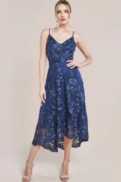 Dipped Hem Sleeveless Lace Midi - Navy by Goddiva