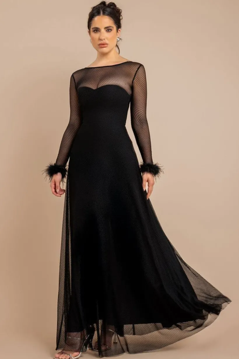 Dobby Mesh Feather Sleeve Hem Maxi Dress - Black by Goddiva