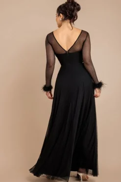 Dobby Mesh Feather Sleeve Hem Maxi Dress - Black by Goddiva