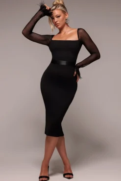 Dobby Mesh Feather Sleeve Bodycon Midi Dress - Black by Goddiva