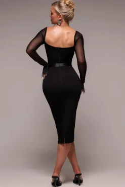 Dobby Mesh Feather Sleeve Bodycon Midi Dress - Black by Goddiva