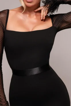 Dobby Mesh Feather Sleeve Bodycon Midi Dress - Black by Goddiva