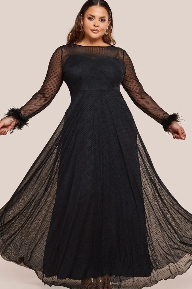Dobby Mesh Feather Sleeve Hem Maxi Dress - Black by Goddiva Plus
