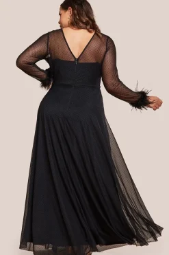 Dobby Mesh Feather Sleeve Hem Maxi Dress - Black by Goddiva Plus