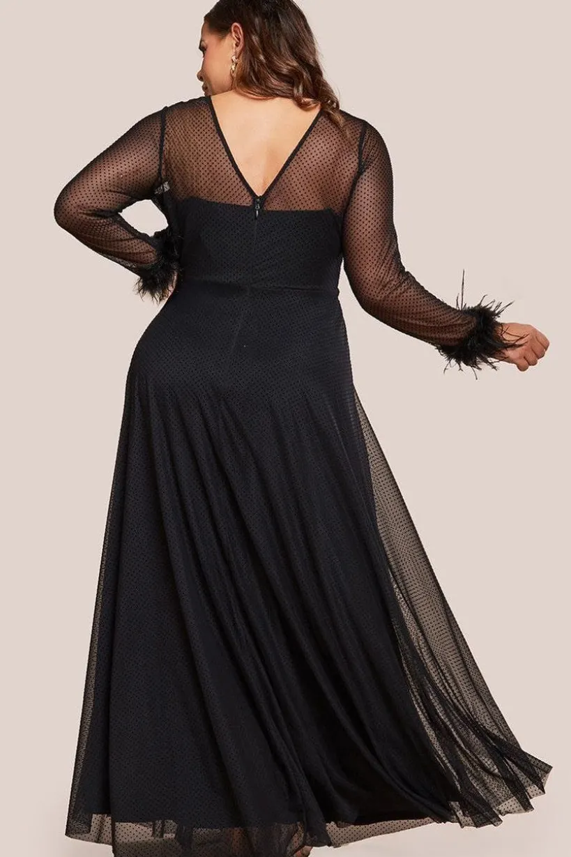 Dobby Mesh Feather Sleeve Hem Maxi Dress - Black by Goddiva Plus