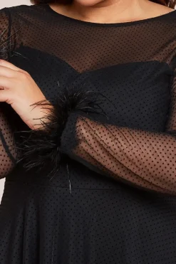 Dobby Mesh Feather Sleeve Hem Maxi Dress - Black by Goddiva Plus