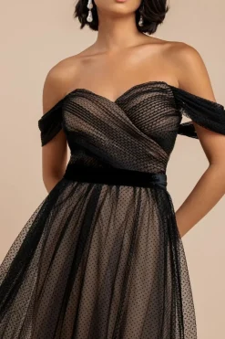 Dobby Mesh Off The Shoulder Princess Maxi Dress - Black by Goddiva