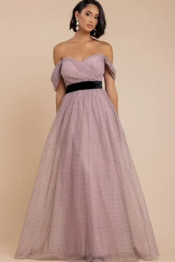 Dobby Mesh Off The Shoulder Princess Maxi Dress - Blush by Goddiva
