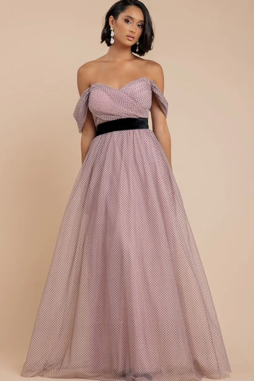 Dobby Mesh Off The Shoulder Princess Maxi Dress - Blush by Goddiva