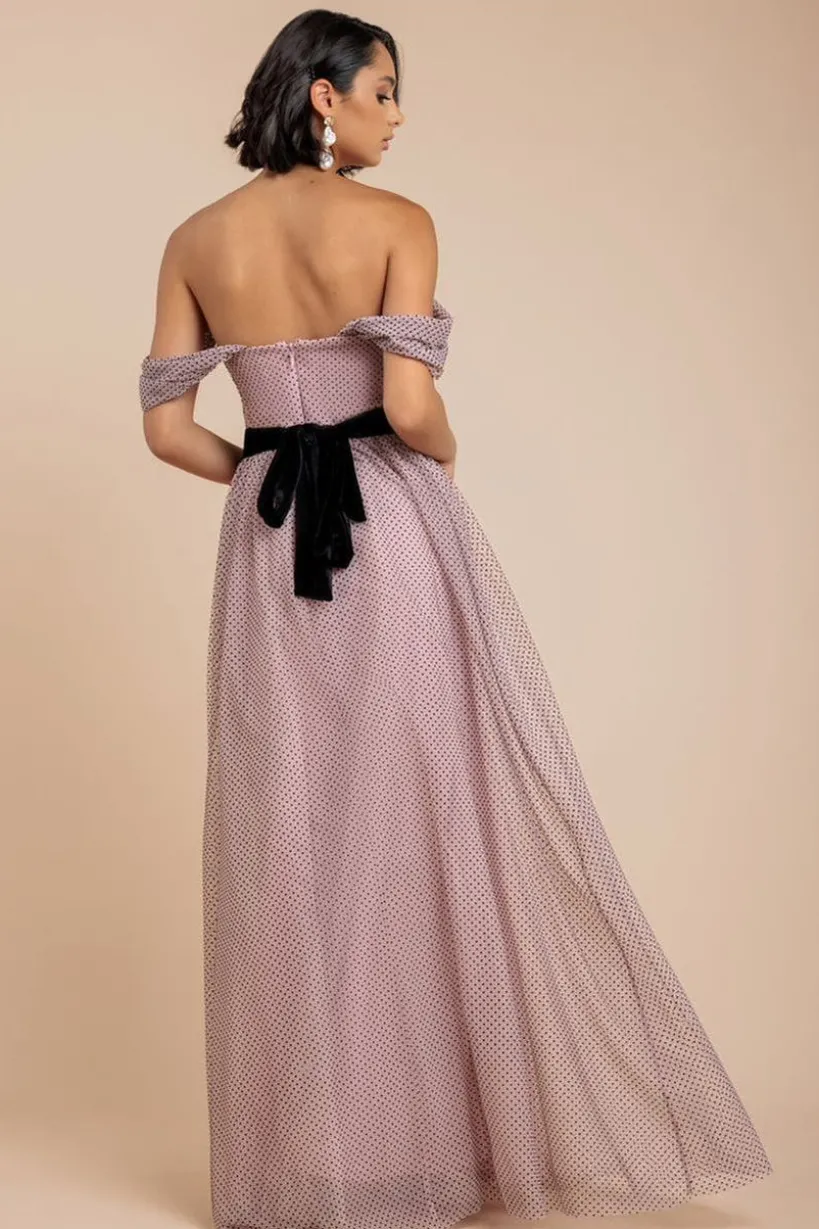 Dobby Mesh Off The Shoulder Princess Maxi Dress - Blush by Goddiva