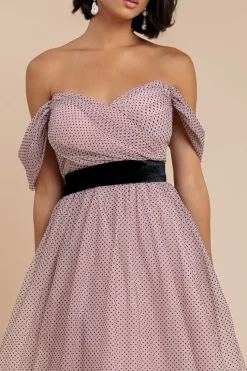 Dobby Mesh Off The Shoulder Princess Maxi Dress - Blush by Goddiva