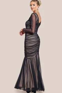 Dobby Mesh Wrap Style Gathered Maxi Dress - Black by Goddiva
