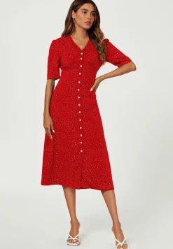 Dot Print Button Front Midi Dress In Red by FS Collection
