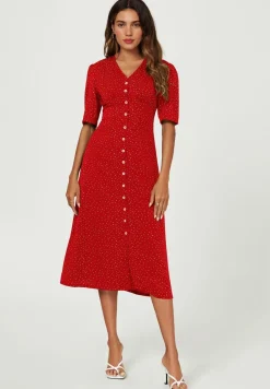 Dot Print Button Front Midi Dress In Red by FS Collection