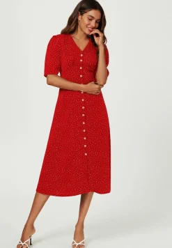 Dot Print Button Front Midi Dress In Red by FS Collection