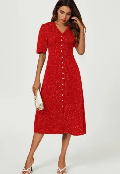 Dot Print Button Front Midi Dress In Red by FS Collection