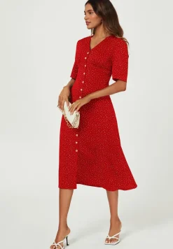 Dot Print Button Front Midi Dress In Red by FS Collection