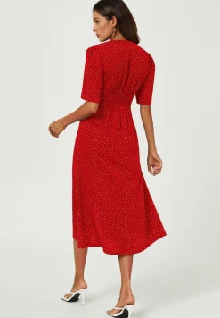 Dot Print Button Front Midi Dress In Red by FS Collection