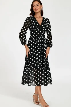 Dot Print Lace Trim Long Sleeve Maxi Dress In Black by FS Collection
