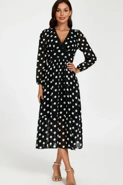 Dot Print Lace Trim Long Sleeve Maxi Dress In Black by FS Collection