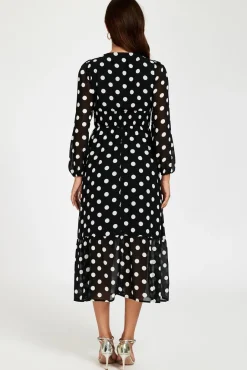 Dot Print Lace Trim Long Sleeve Maxi Dress In Black by FS Collection