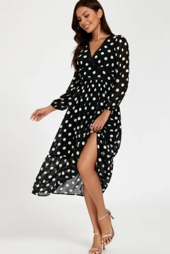 Dot Print Lace Trim Long Sleeve Maxi Dress In Black by FS Collection