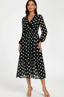 Dot Print Lace Trim Long Sleeve Maxi Dress In Black by FS Collection