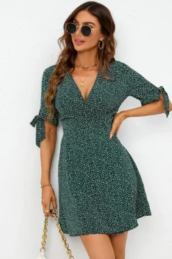 Dot Print Wrap Top Mini Dress In Green by FS Collection