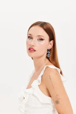 Double Evil Eye Drop Style Earrings With Diamonte Embellishments by Liquorish