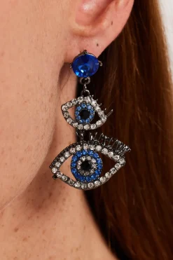 Double Evil Eye Drop Style Earrings With Diamonte Embellishments by Liquorish