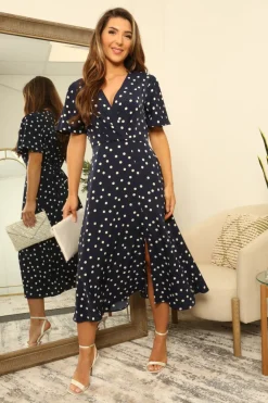 Double Second Midi Satin Wrap Dress With Split Skirt by Double Second