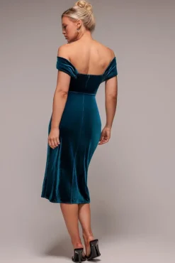 Draped Shoulder Velvet Corset Midi Dress - Tealblue by Goddiva
