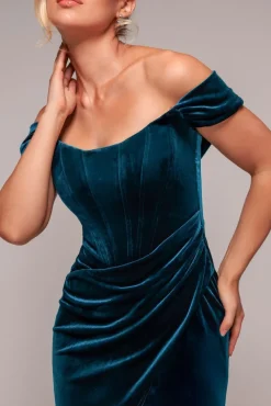 Draped Shoulder Velvet Corset Midi Dress - Tealblue by Goddiva
