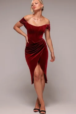 Draped Shoulder Velvet Corset Midi Dress - Wine by Goddiva