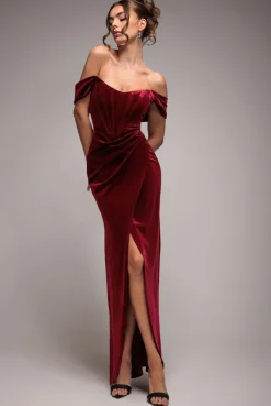 Draped Shoulder Velvet Corset Maxi Dress - Wine by Goddiva