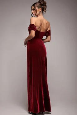 Draped Shoulder Velvet Corset Maxi Dress - Wine by Goddiva