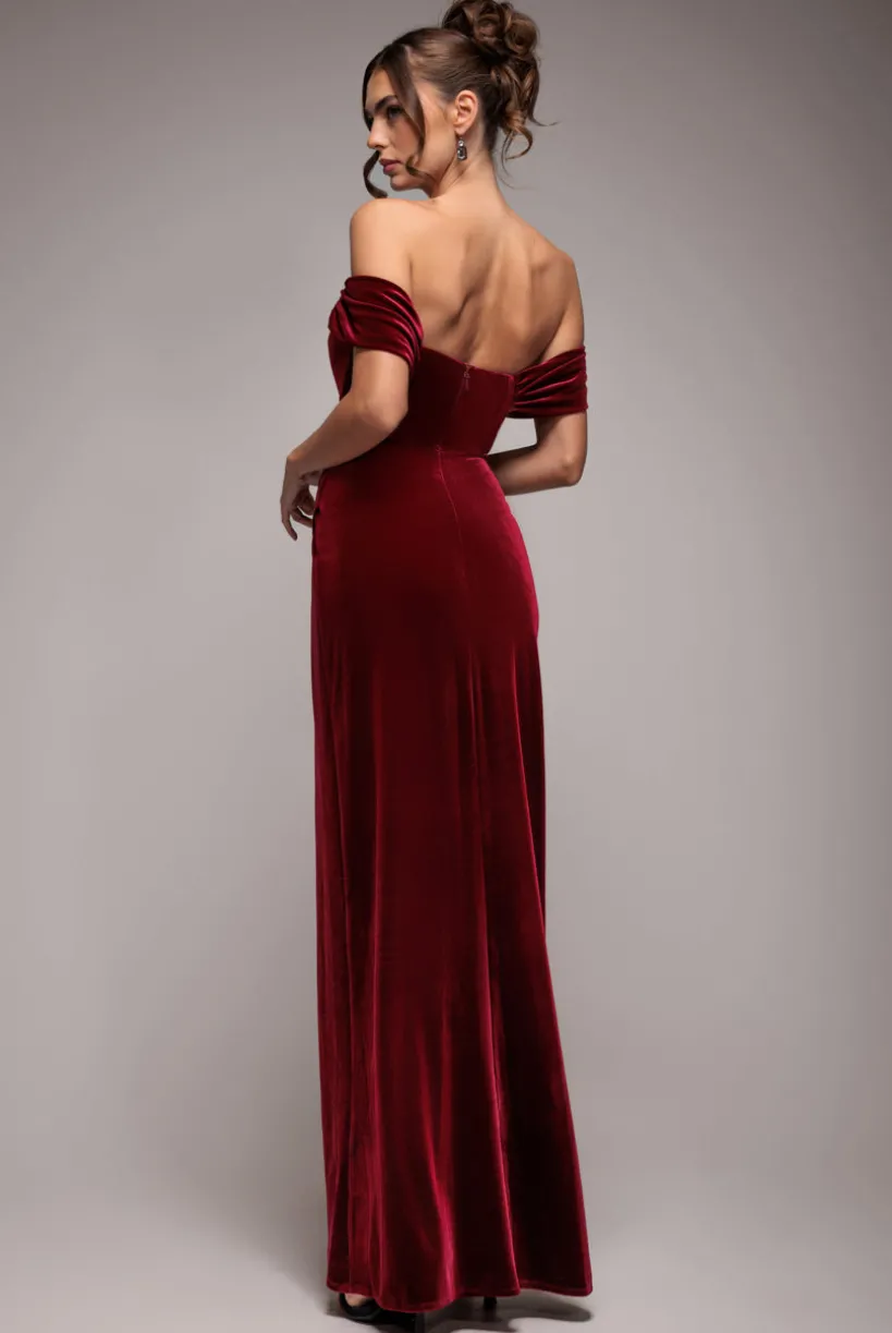 Draped Shoulder Velvet Corset Maxi Dress - Wine by Goddiva