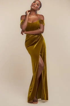 Draped Shoulder Velvet Corset Maxi Dress - Olive Green by Goddiva