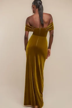 Draped Shoulder Velvet Corset Maxi Dress - Olive Green by Goddiva