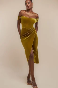 Draped Shoulder Velvet Corset Midi Dress - Olive Green by Goddiva