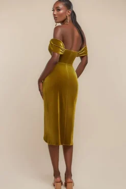 Draped Shoulder Velvet Corset Midi Dress - Olive Green by Goddiva
