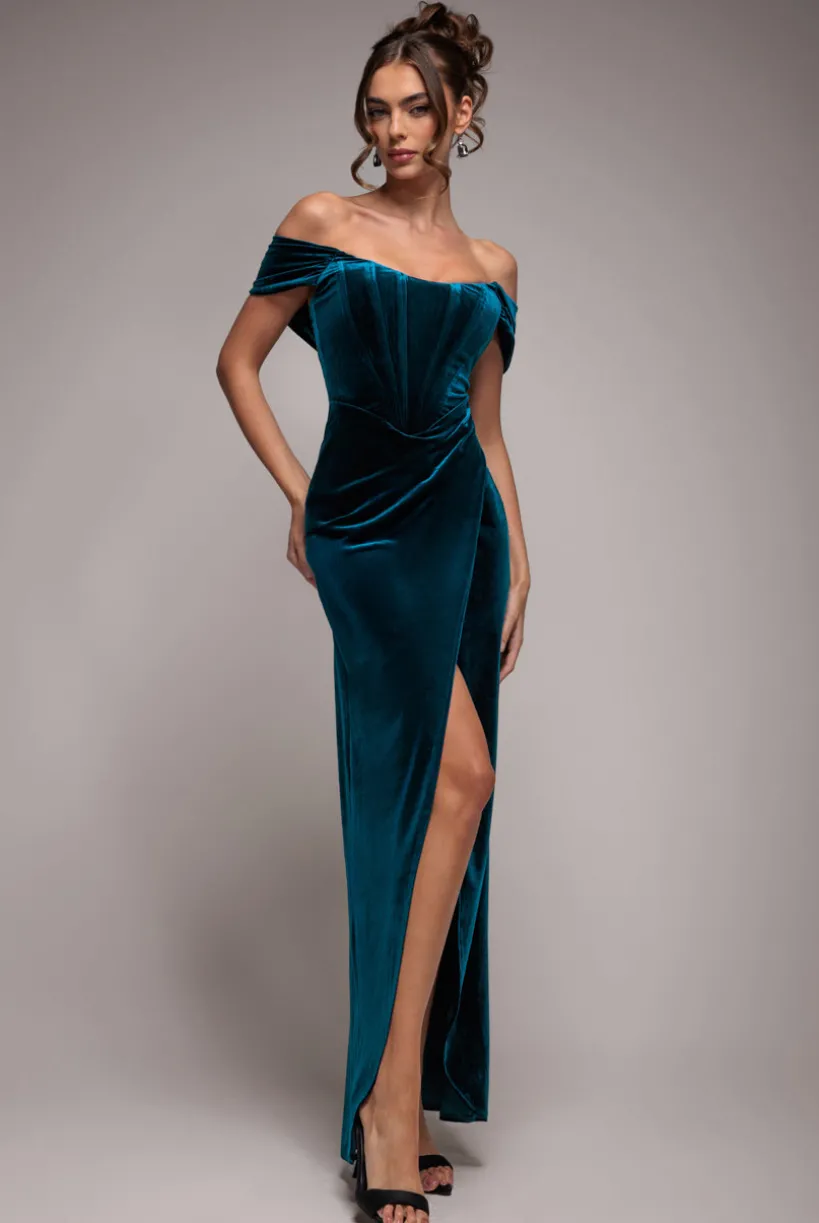 Draped Shoulder Velvet Corset Maxi Dress - Teal Blue by Goddiva