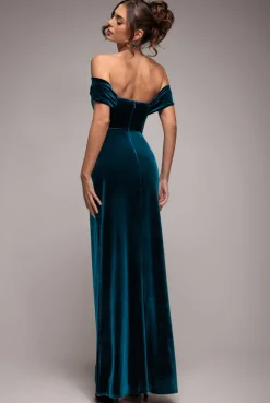 Draped Shoulder Velvet Corset Maxi Dress - Teal Blue by Goddiva