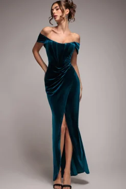 Draped Shoulder Velvet Corset Maxi Dress - Teal Blue by Goddiva