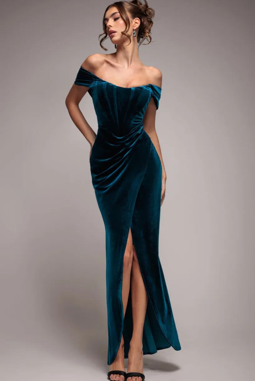 Draped Shoulder Velvet Corset Maxi Dress - Teal Blue by Goddiva