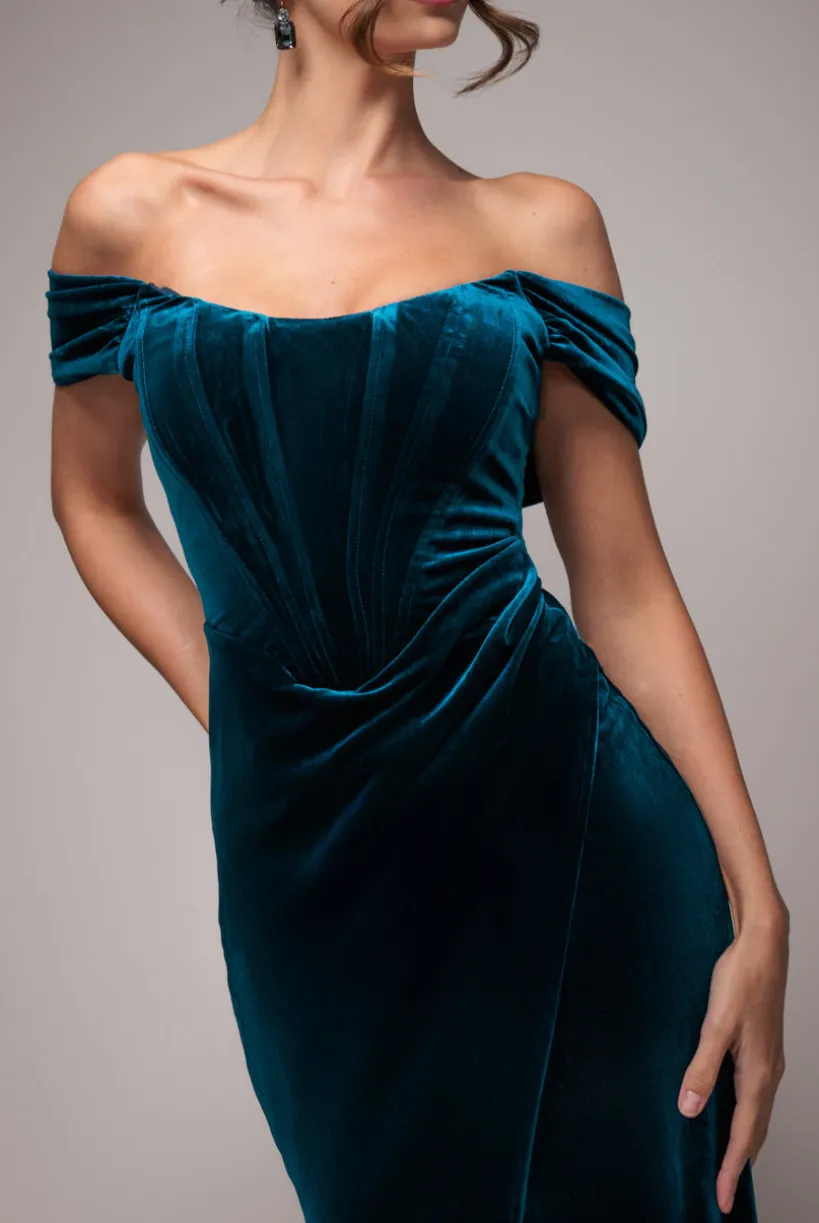 Draped Shoulder Velvet Corset Maxi Dress - Teal Blue by Goddiva