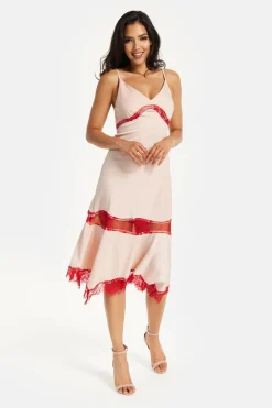 Elegant Pink Midi Dress With Lace Details by Liquorish