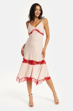 Elegant Pink Midi Dress With Lace Details by Liquorish