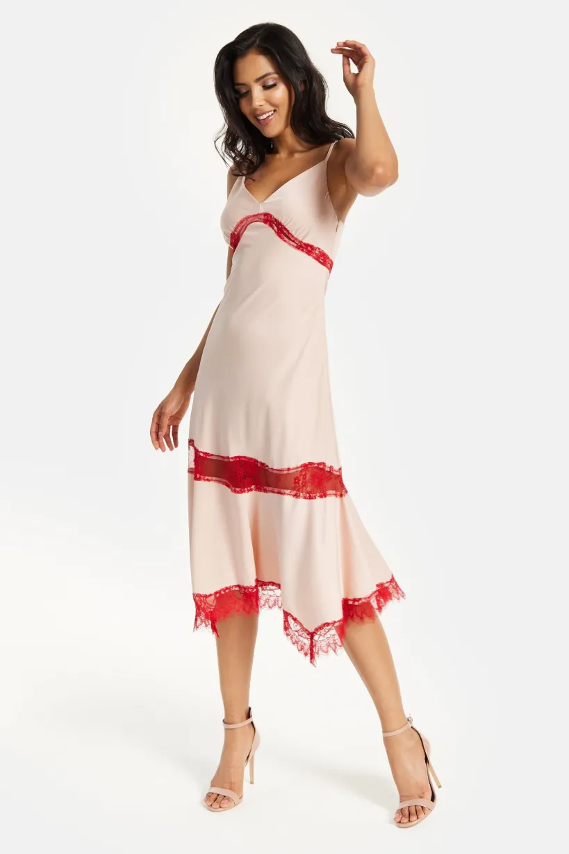Elegant Pink Midi Dress With Lace Details by Liquorish