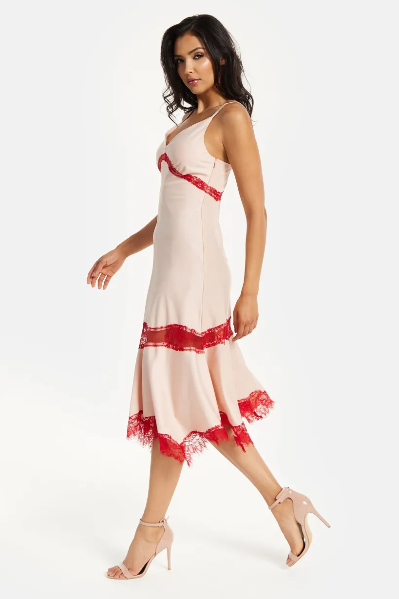 Elegant Pink Midi Dress With Lace Details by Liquorish